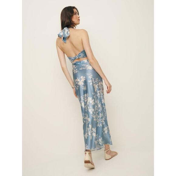 NWT Reformation Vivi Silk Cut-Out Maxi Dress Aliso Blue White Floral Size 2 - Picture 3 of 11